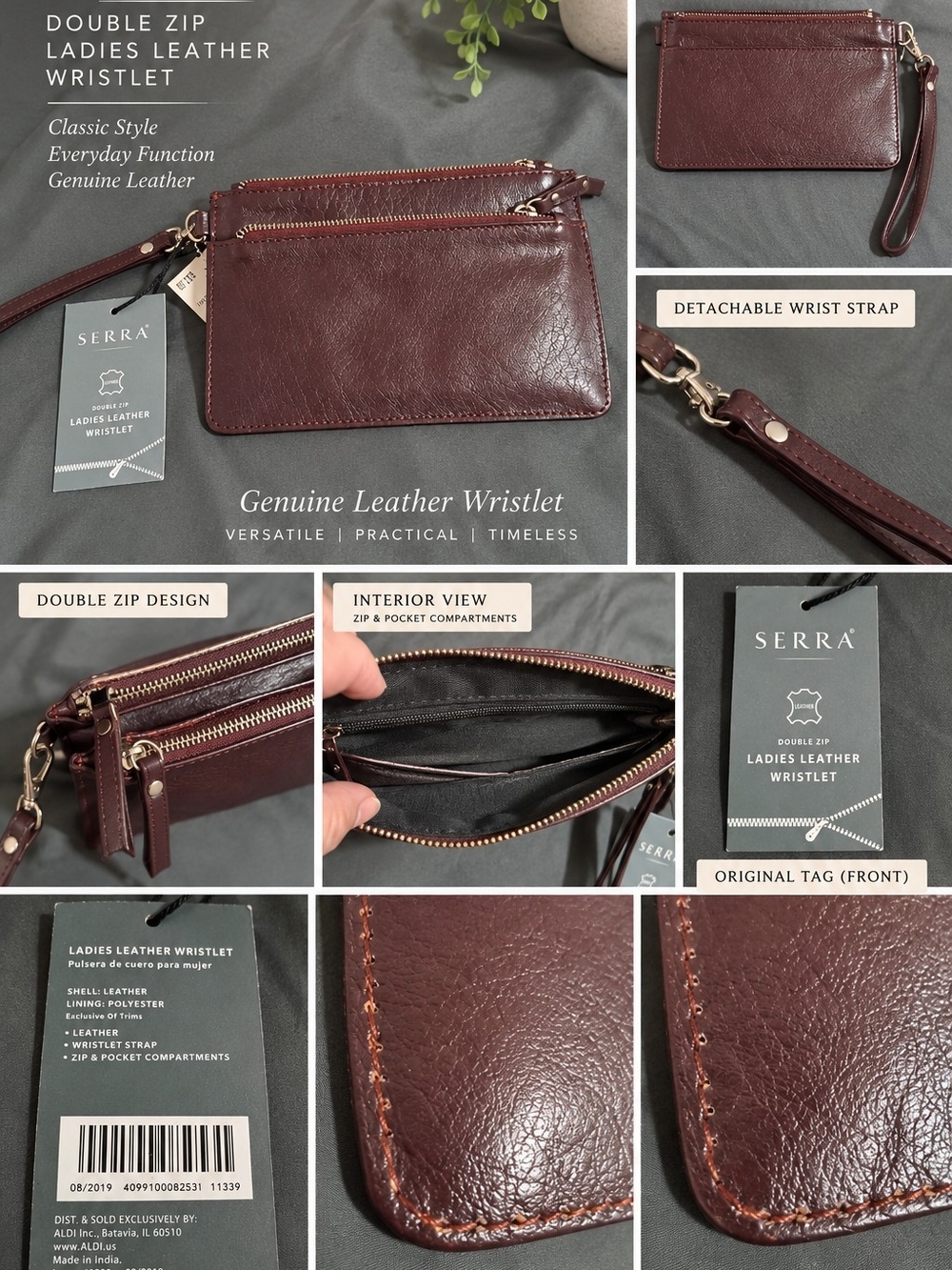 SERRA Burgundy Genuine Leather Double Zip Wristlet NWT